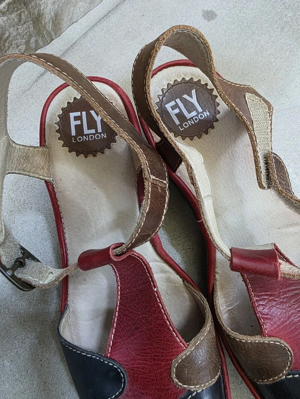 Fly London Red Black Brown Leather Wedge Sz 37/7